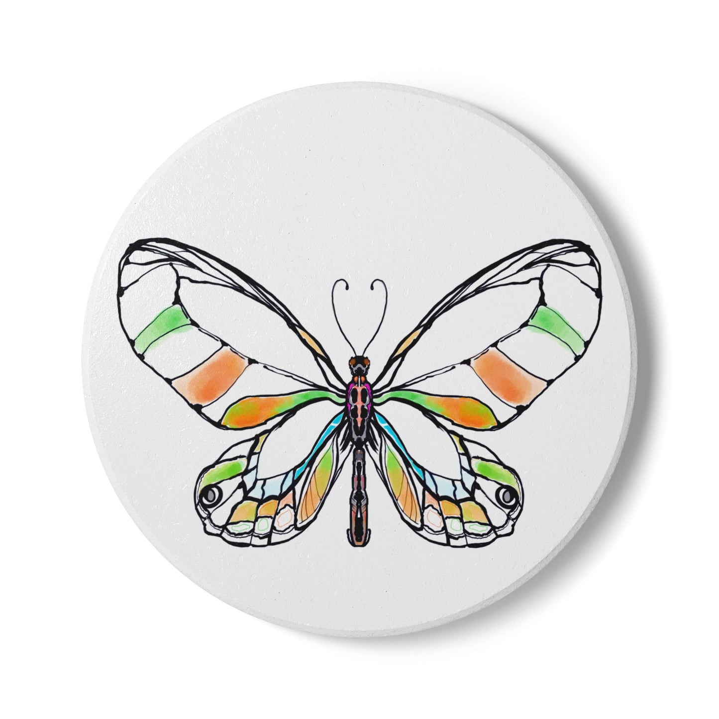 Butterfly Blossom Romp Ceramic Coaster, Multi Color, Orange and Green