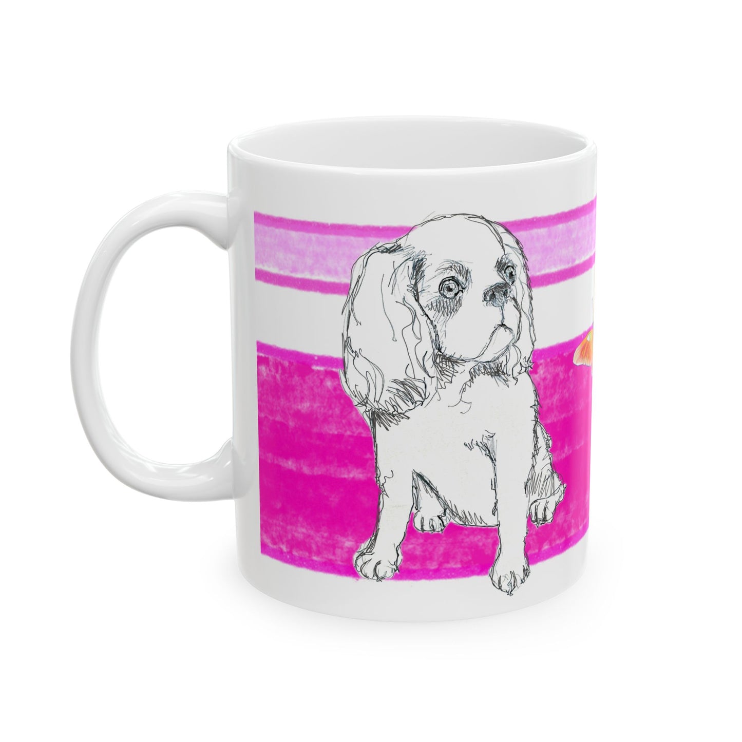 Mega Stripe Dogi Butterfly Flutter Ceramic Mug, (11oz, 15oz),  Raspberry Pink Cocker Spaniel