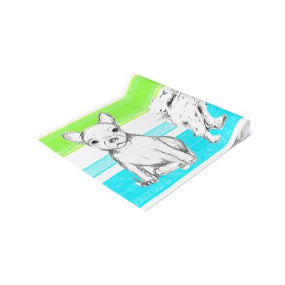 Dogi Butterfly Flutter Table Runner 16" x72" , (Cotton Creamy White Background OR Poly Bright White Background) Aqua and Green