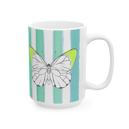 Butterfly Chroma Ceramic Mug in Acid Green with Aqua Green Stripes, 11oz