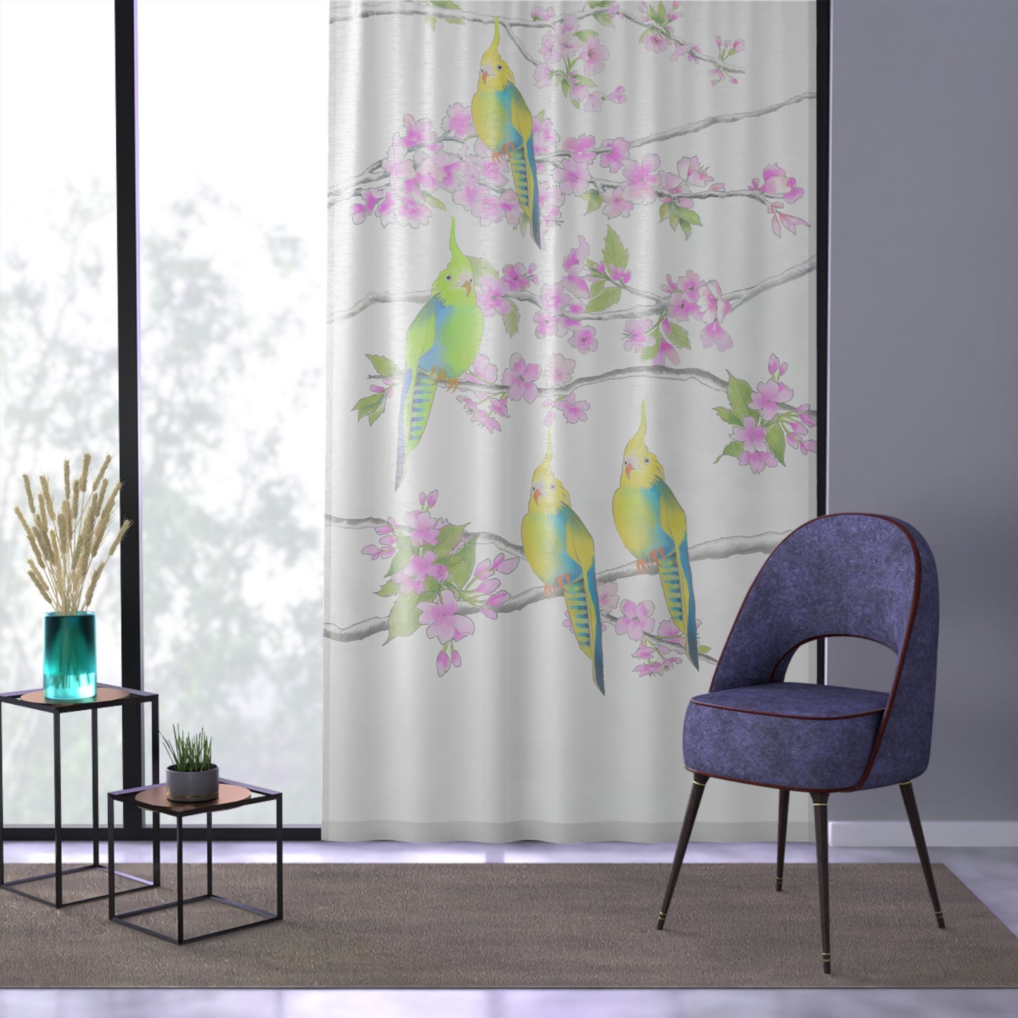 Window Treatments Sheer Curtain A Cherry Blossoms & Jolly Birds