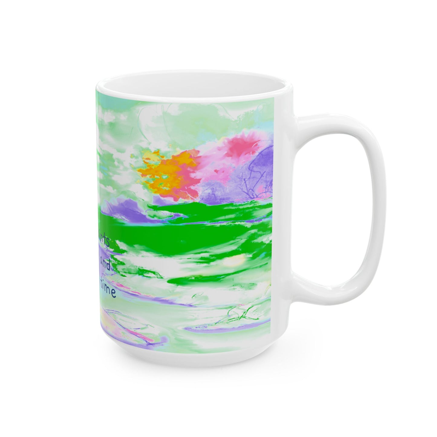 Inspirational Landscapes Ceramic Mug in Yellow, Orange and Purple, "God appoints my work and limits my time",  11oz, 15oz.