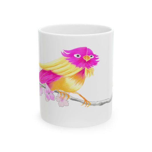 Jolly Birds Ceramic Mug, (11oz, 15oz), fuchsia and Yellow