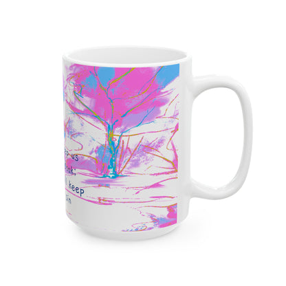 Inspirational Landscapes Ceramic Mug in Chartreuse and Orchid, "Sin will keep us from the Book; the Book will keep us from sin", 11oz,15oz.
