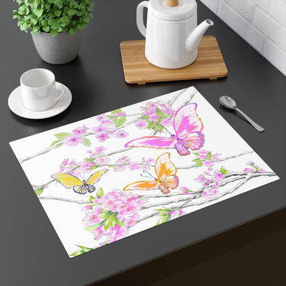 Butterfly Blossom Whirl Cotton Placemat, 1pc Pink, Background Fabric Creamier White #8