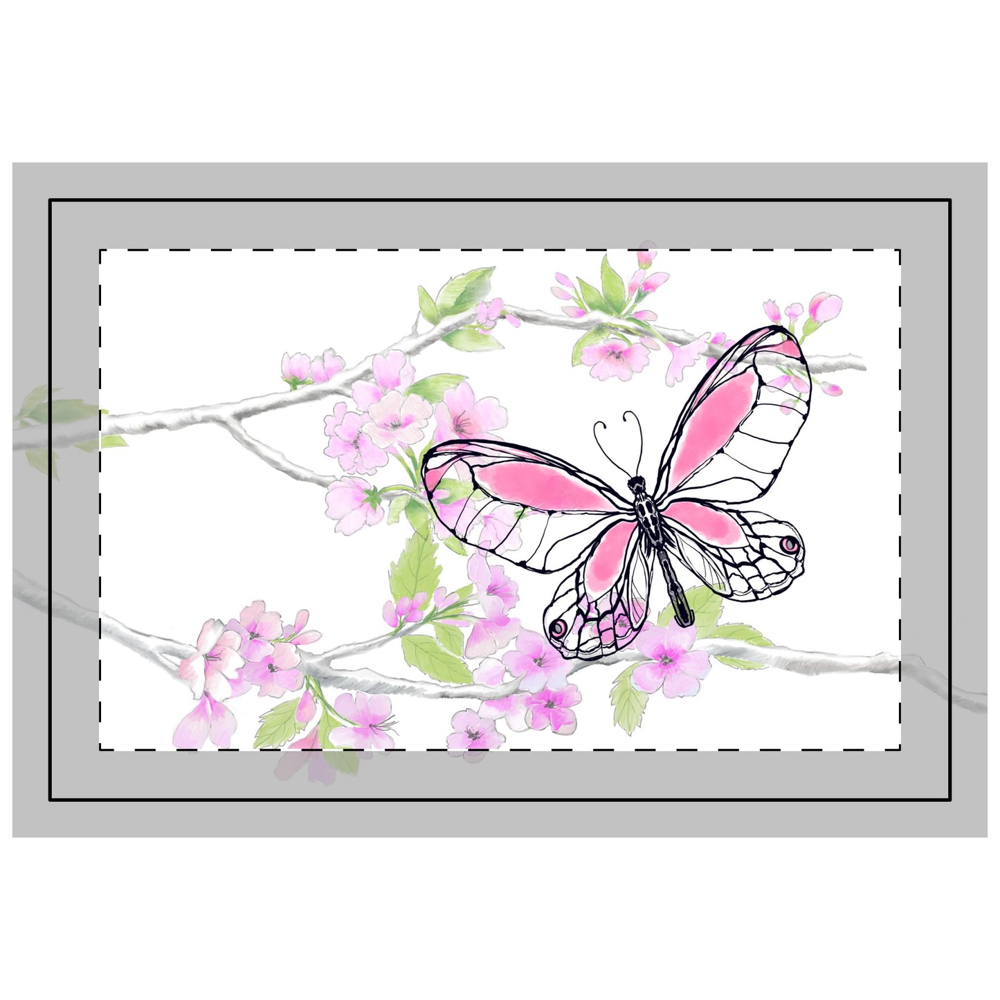 Butterfly Blossom Romp Quilted Placemat, Polyester, Pink, Fabric Background Bright White, #4