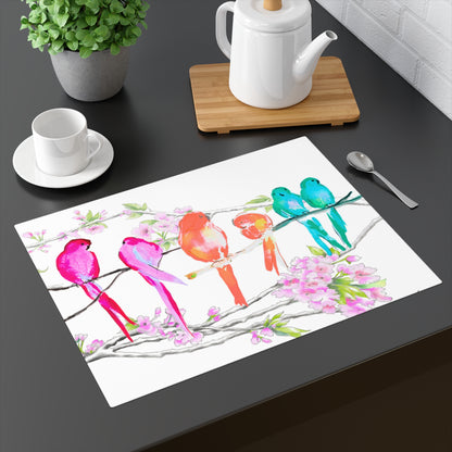 Blossoms & Birds In Pink, Orange, Aqua Placemat, 1pc (18" × 14") cotton (Creamy White)