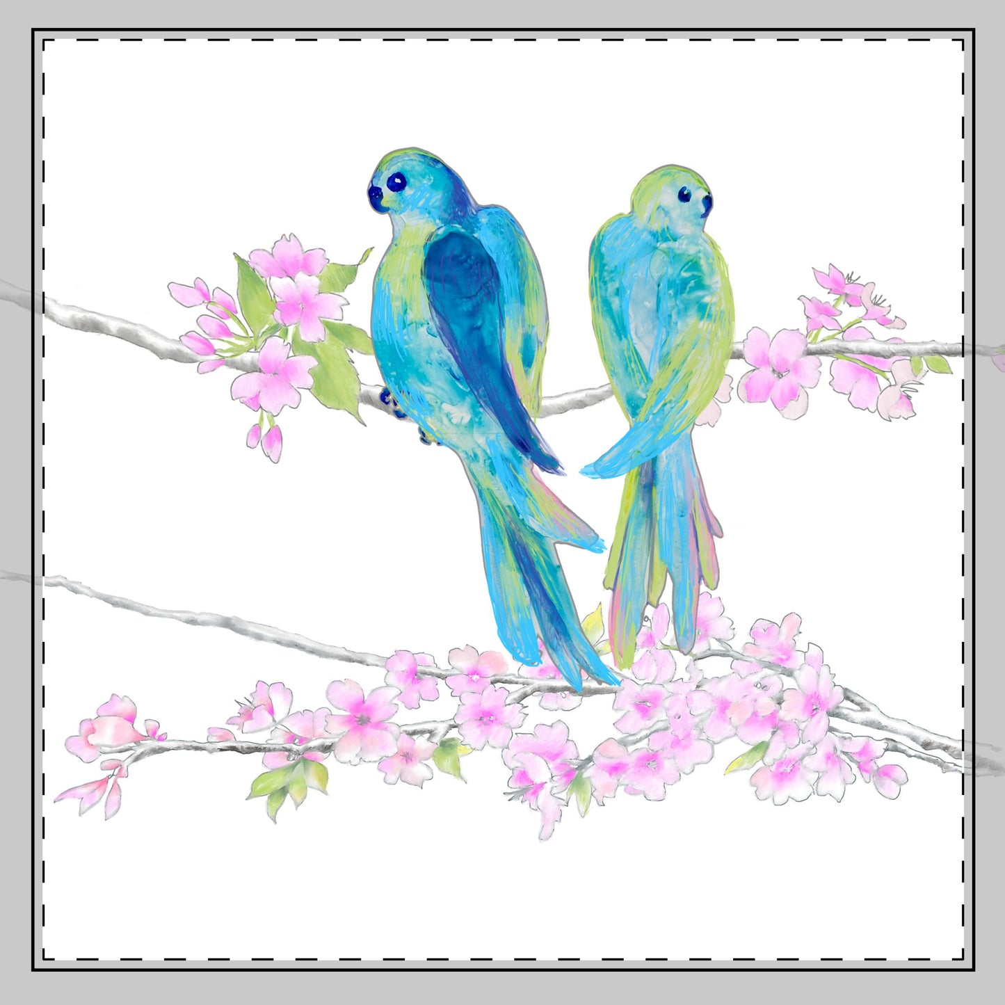 Blossoms & Birds Cotton Twill Napkin Aqua, Background Fabric Creamy White