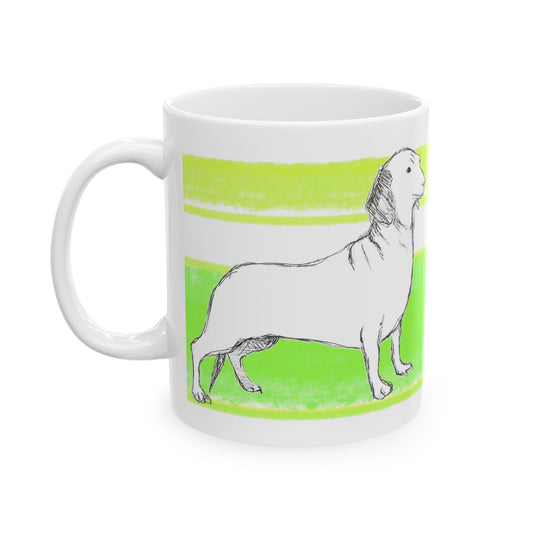 Mega Stripe Dogi Butterfly Flutter Ceramic Mug, (11oz, 15oz) Yellow Green Dachshund