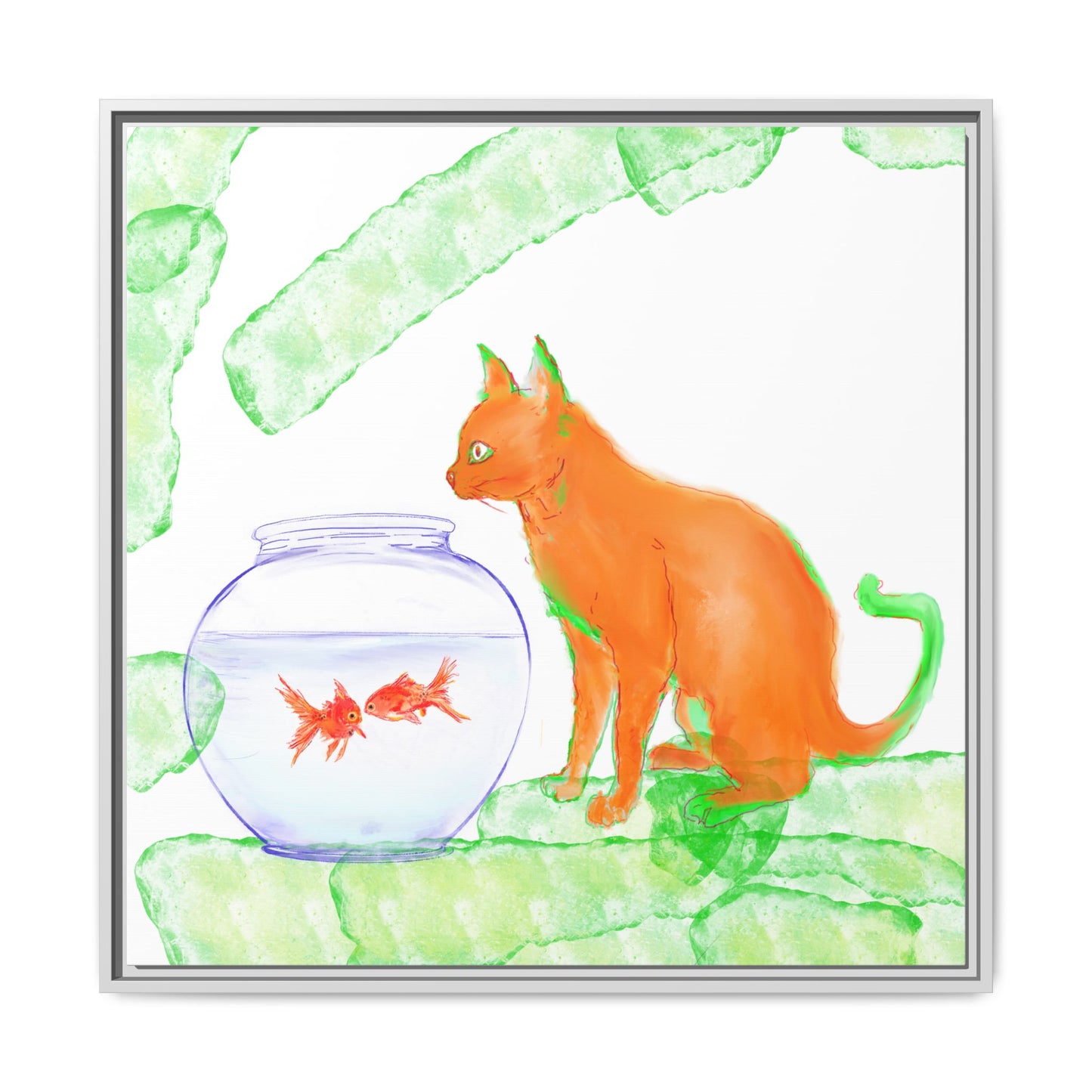 Colorful Cat and Fish Bowl Matte Canvas Framed white