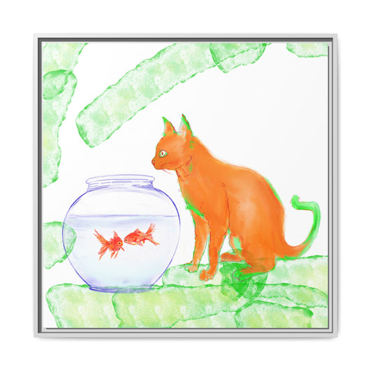 Colorful Cat and Fish Bowl Matte Canvas Framed white