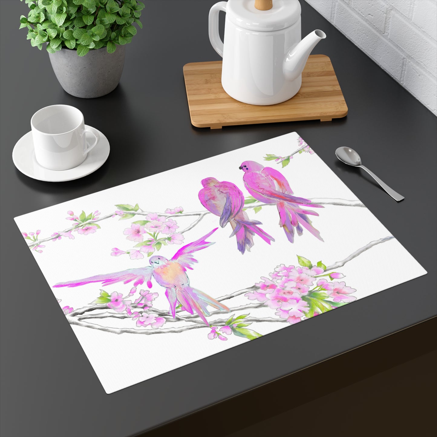 Blossoms & Birds In Pink Placemat, 1pc (18" × 14"), Cotton, Creamy White Background, #5 Right Side of Table