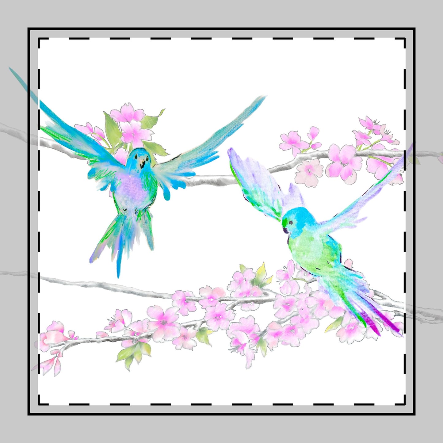 Blossoms & Birds Cotton Twill Napkin Aqua, Background Fabric Creamy White