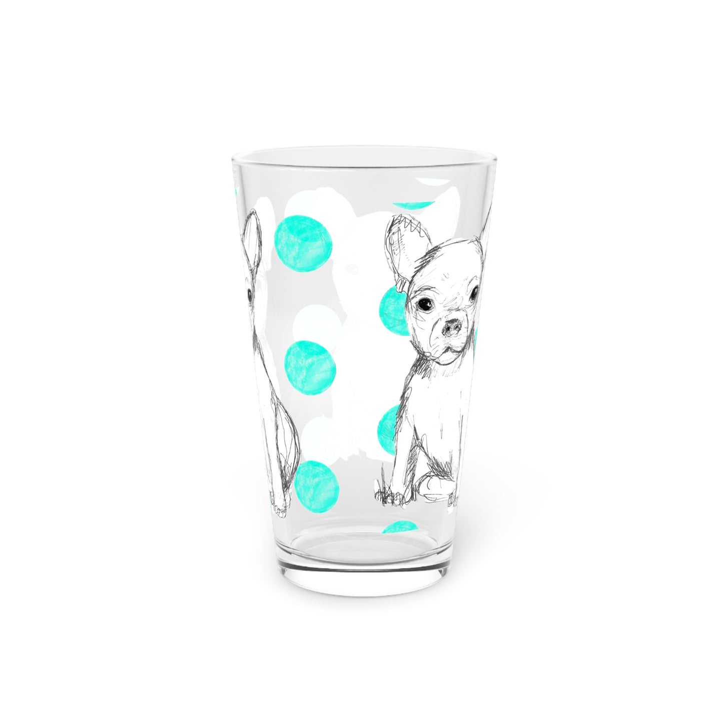 Dogi Fun and Polka Dots Pint Glass in Aqua, Chihuahua, 16oz