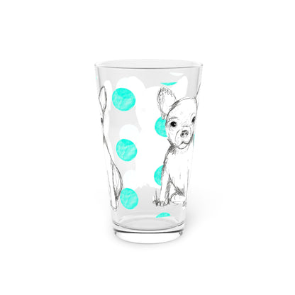 Dogi Fun and Polka Dots Pint Glass in Aqua, Chihuahua, 16oz
