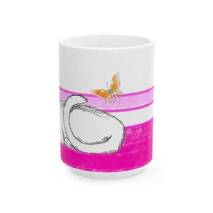 Mega Stripe Kitty Butterfly Flutter Ceramic Mug Raspberry Pink