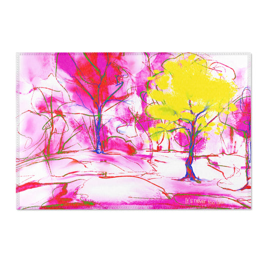 Inspirational Landscapes Indoor Rug in Red, "It's never too late" Pink, and Yellow