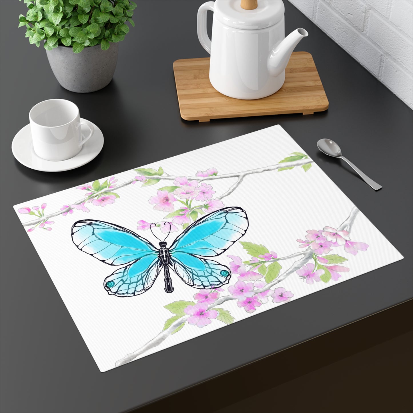 Butterfly Blossom Romp Cotton Twill Placemat, 1pc Aqua  #1 Head of the table