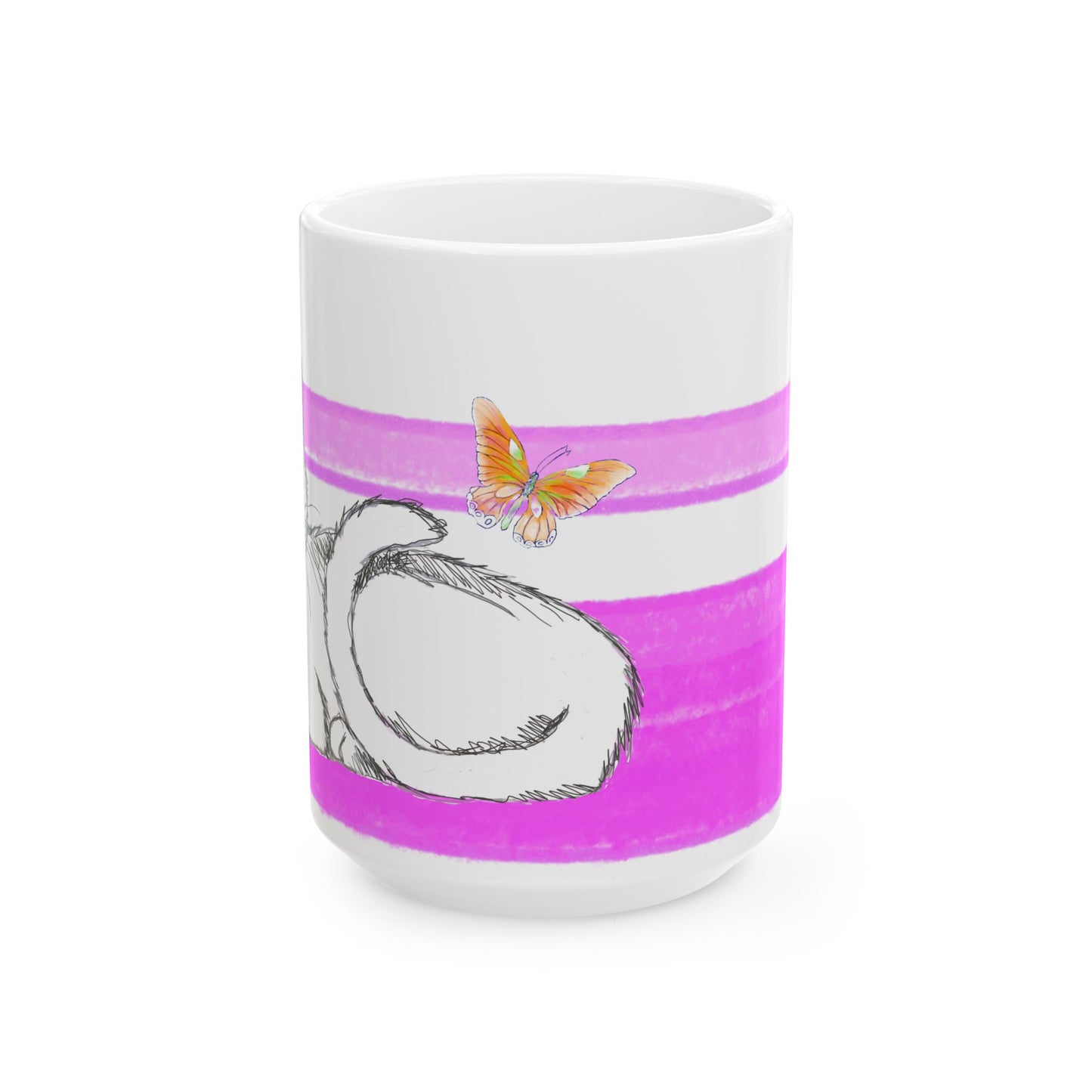 Mega Stripe Kitty Butterfly Flutter Ceramic Mug Purplish Pink