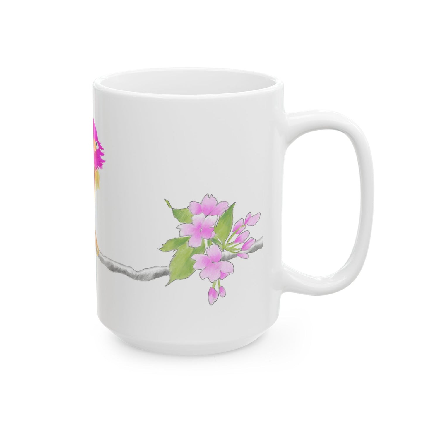Jolly Birds Ceramic Mug, (11oz, 15oz), fuchsia and Yellow
