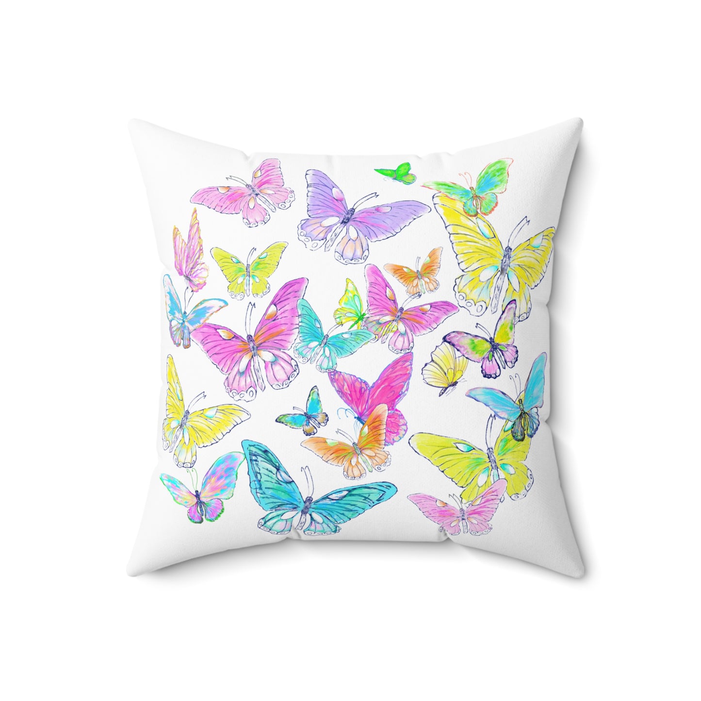 Dancing Tulips Butterflies Spun Polyester Square Pillow. Multi-Color Butterflies, Raspberry Tulip