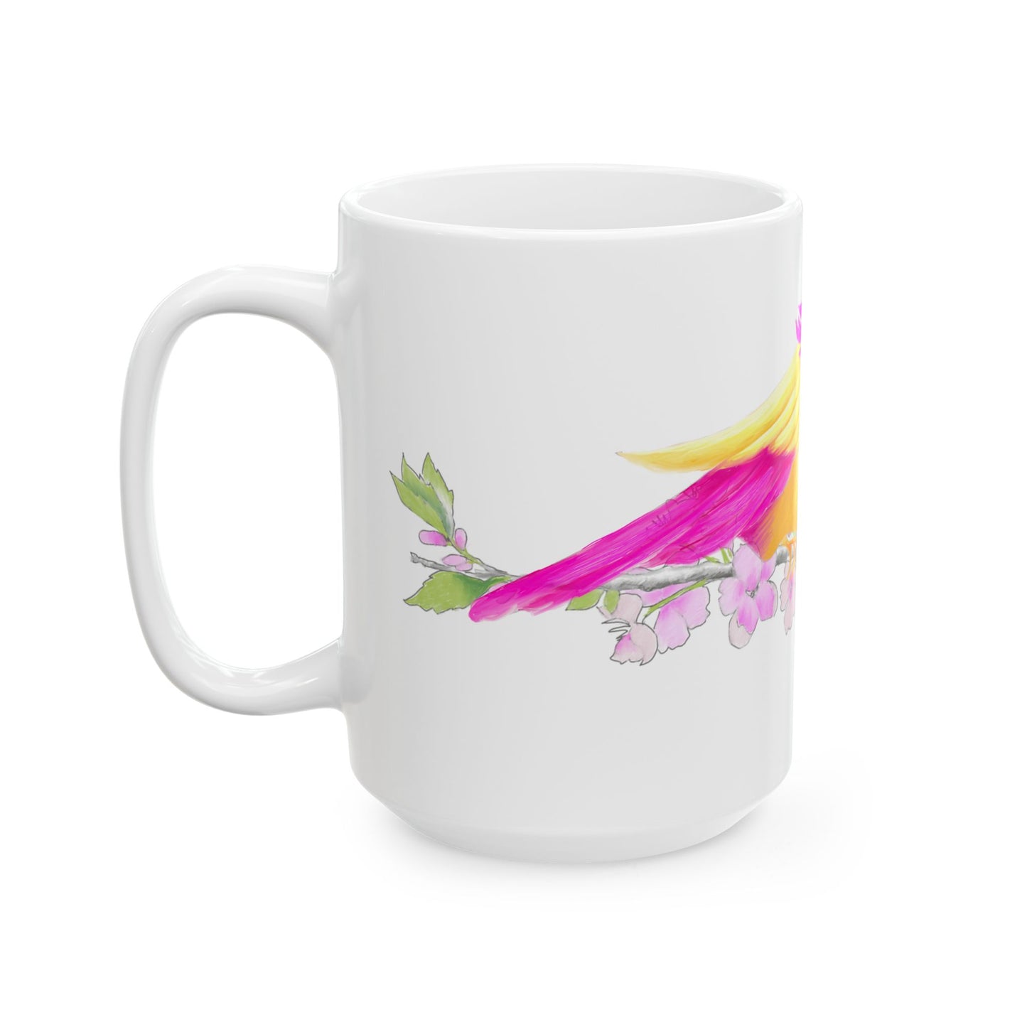 Jolly Birds Ceramic Mug, (11oz, 15oz), fuchsia and Yellow