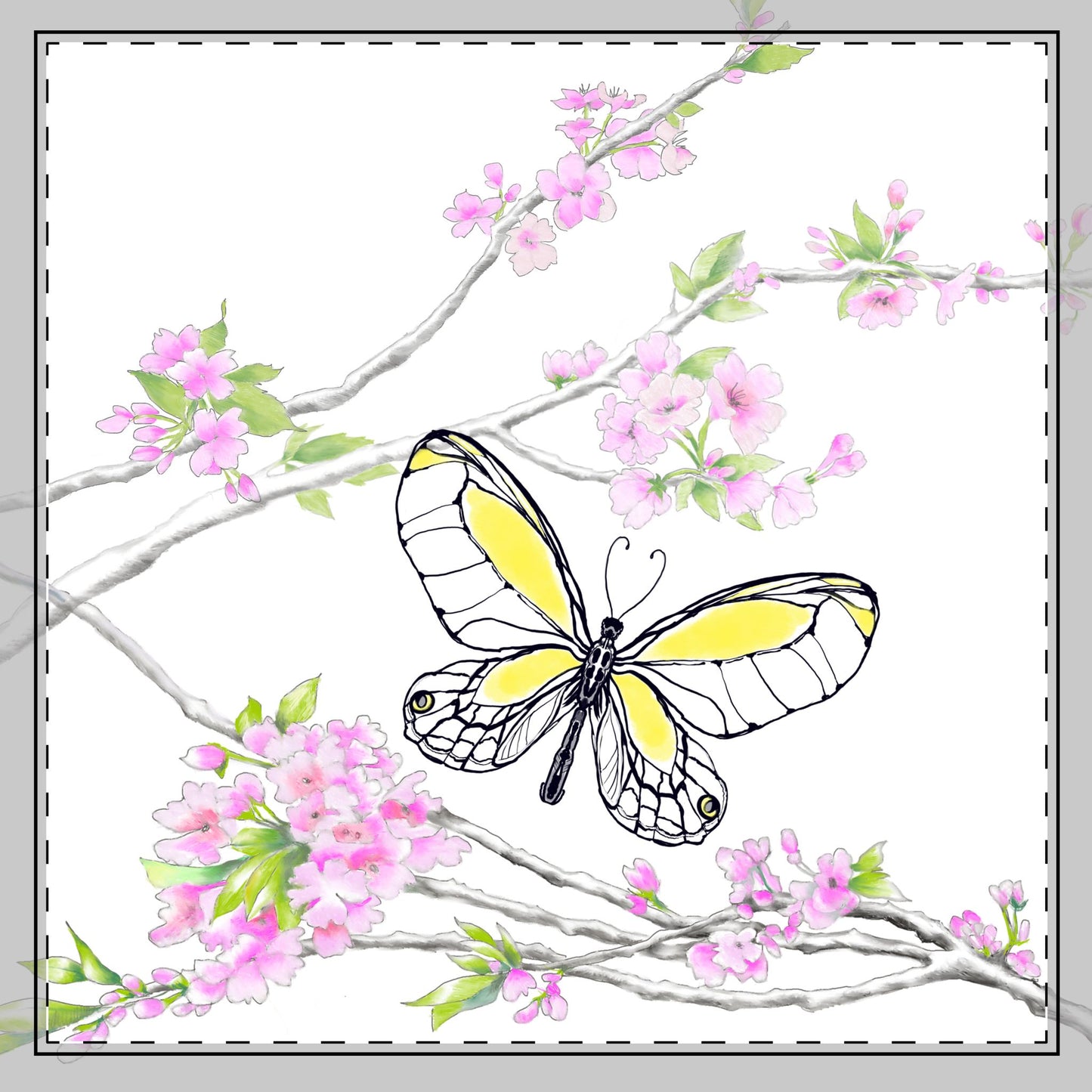Butterfly Blossom Romp Cotton Twill Napkin ,Yellow, Fabric Background Creamy White, #10