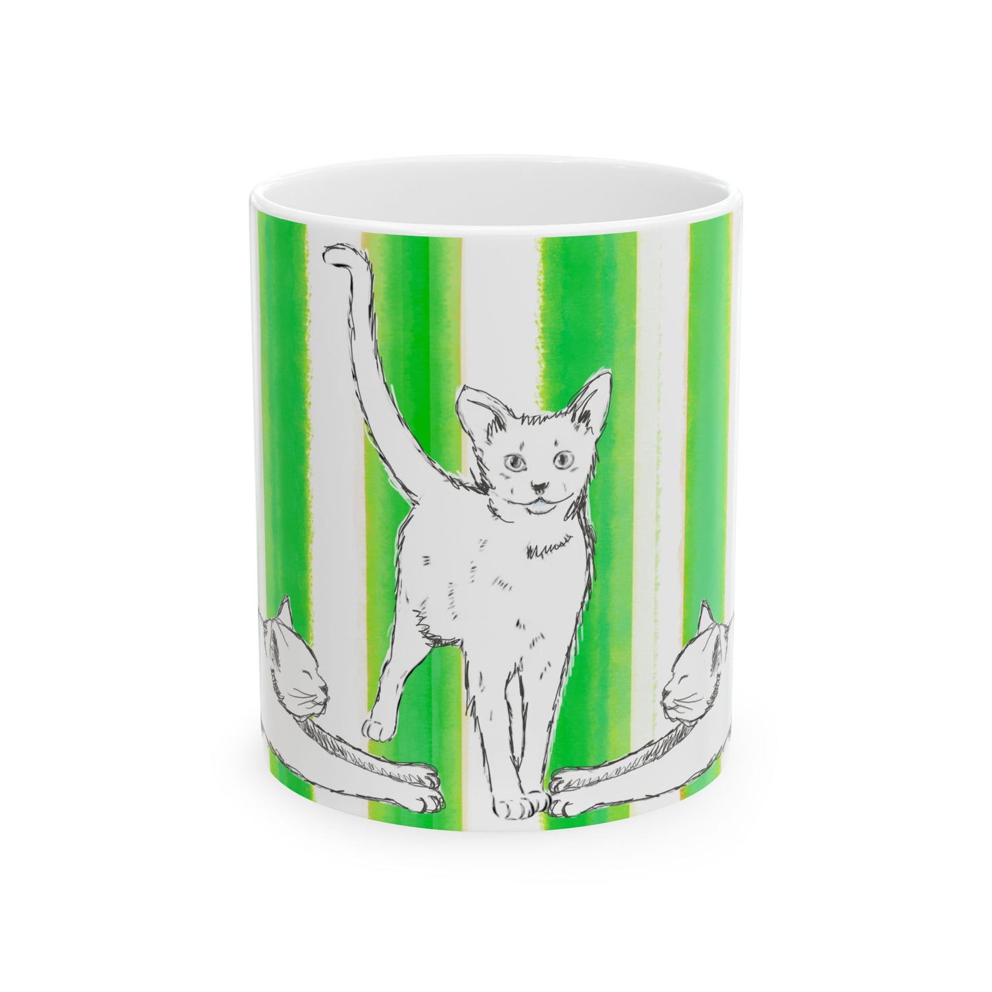 Kitty Fun Mug with Dark Green Stripes