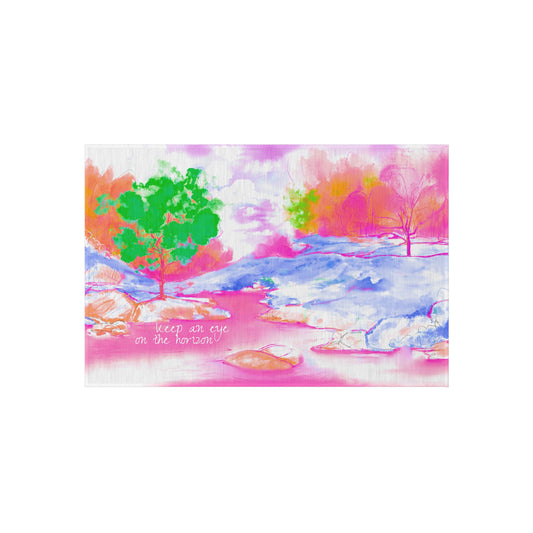 Inspirational Landscapes Indoor/Outdoor Area Rug, "Keep an eye on the horizon", Raspberry, Blue, and Green Non-slip