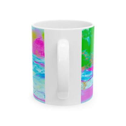 Inspirational Landscapes Ceramic Mug in Green, Blue and Pink , "Every raindrop falls into a life at God's command" 11oz