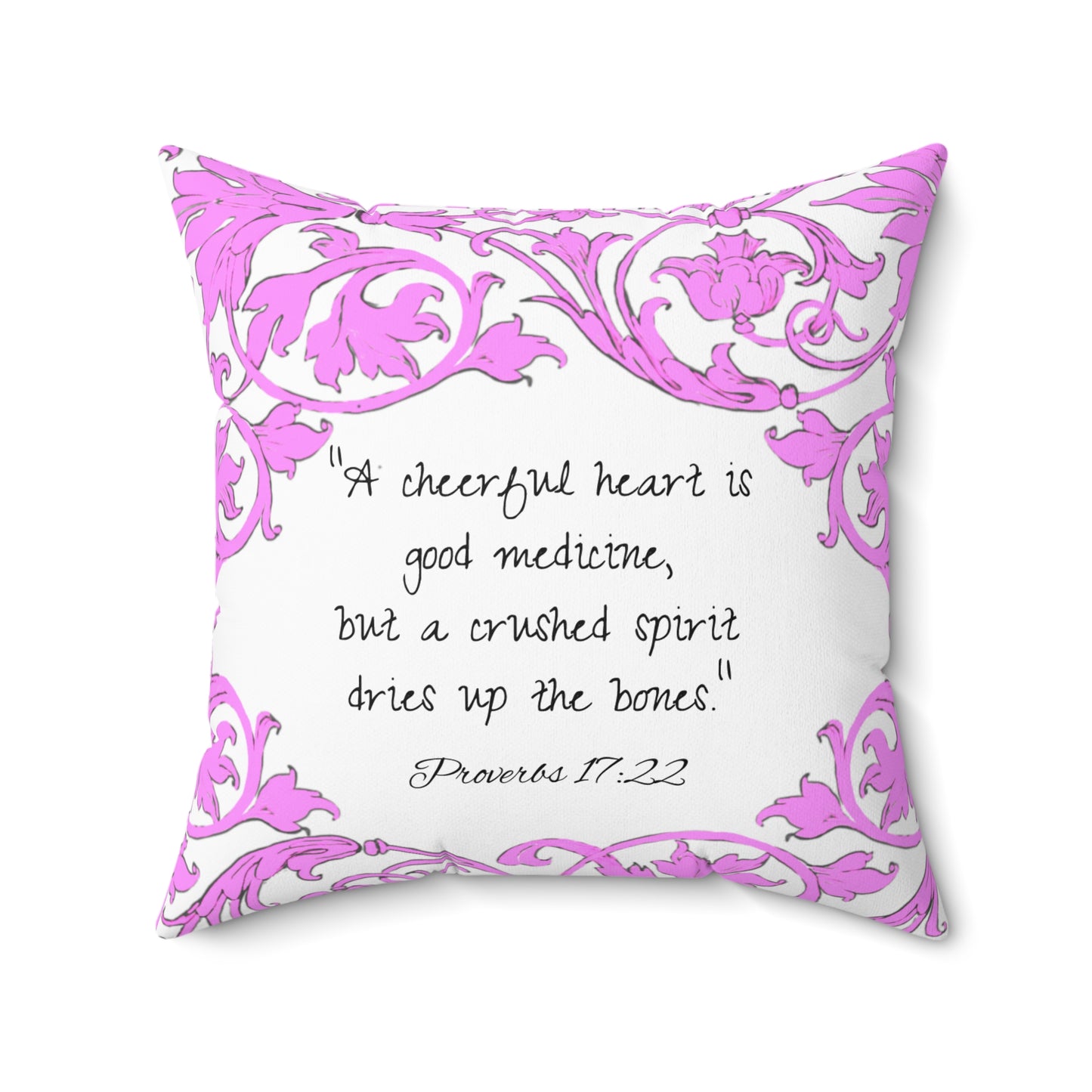 Scrollwork Polyester Square Pillow "A cheerful heart..."