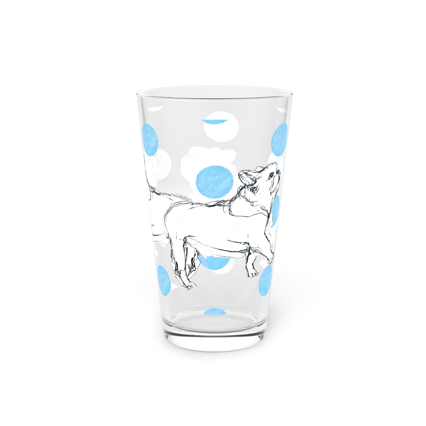 Dogi Fun and Polka Dots Pint Glass in Blue, French Bulldog, 16oz