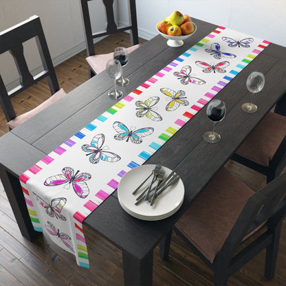 Butterfly Flutterstripe Table Runner in Multi-color with Checked Border 1 size ( 16" × 90")  (available in Cotton " creamier" & Polyester "whiter"