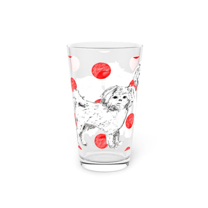 Dogi Fun and Polka Dots Pint Glass in Red, Shih Tzu, 16oz