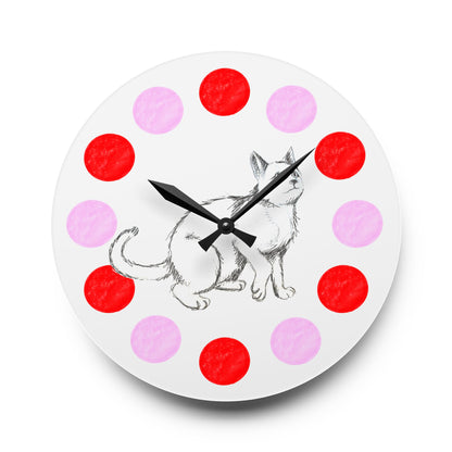 Kitty Fun, Acrylic Wall Clock, Pink and Red polka dots