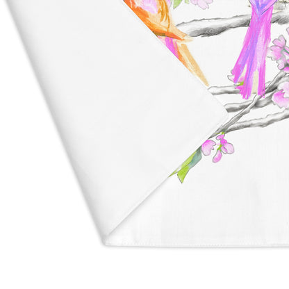 Blossoms & Birds In Pink, Orange, Purple, and Blue Placemat, 1pc (18" × 14"), Cotton, Creamy White Background,#6 End of Table