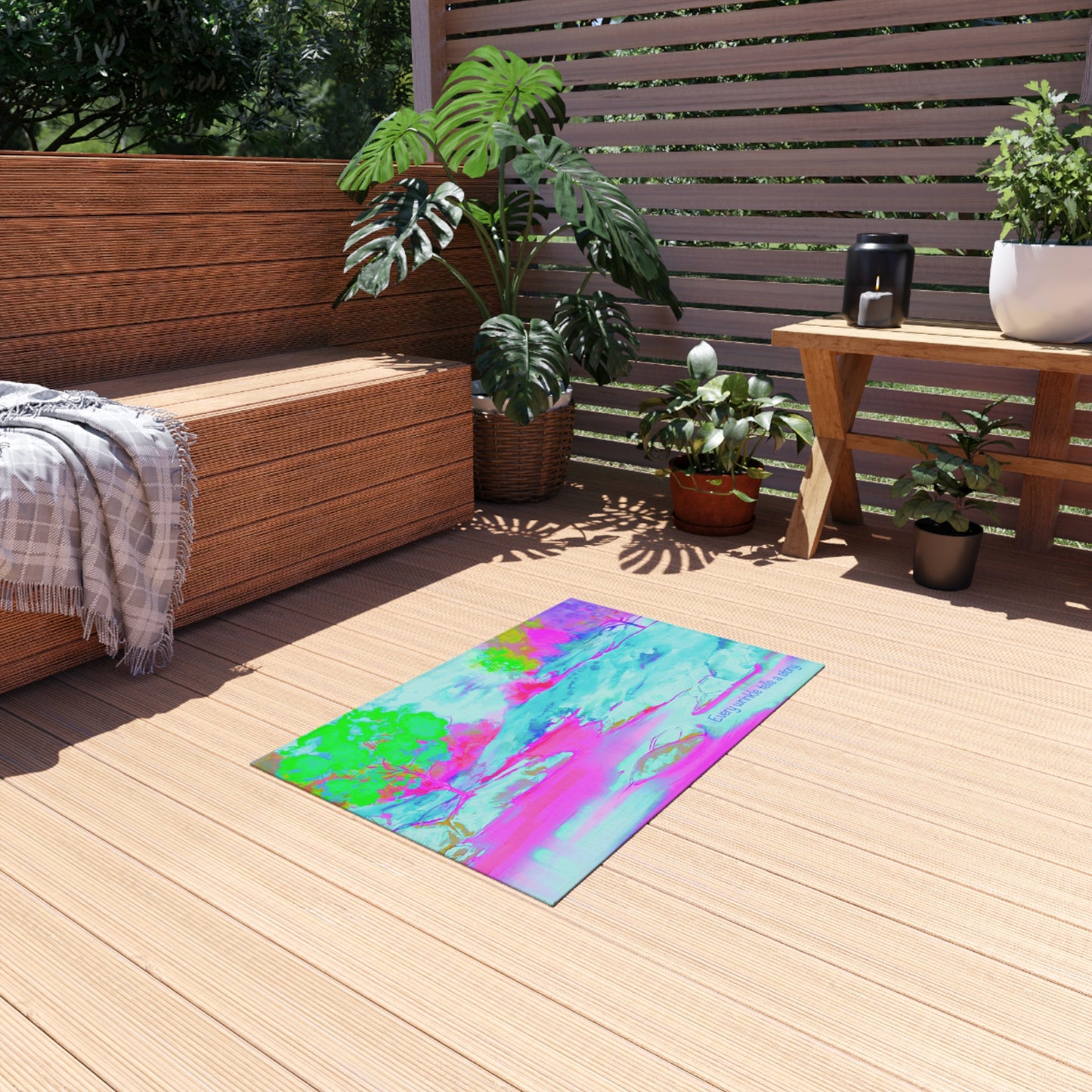 Inspirational Landscapes Indoor/Outdoor Area Rug, " Every Wrinkle tells a Story", Aqua, Raspberry, and Green