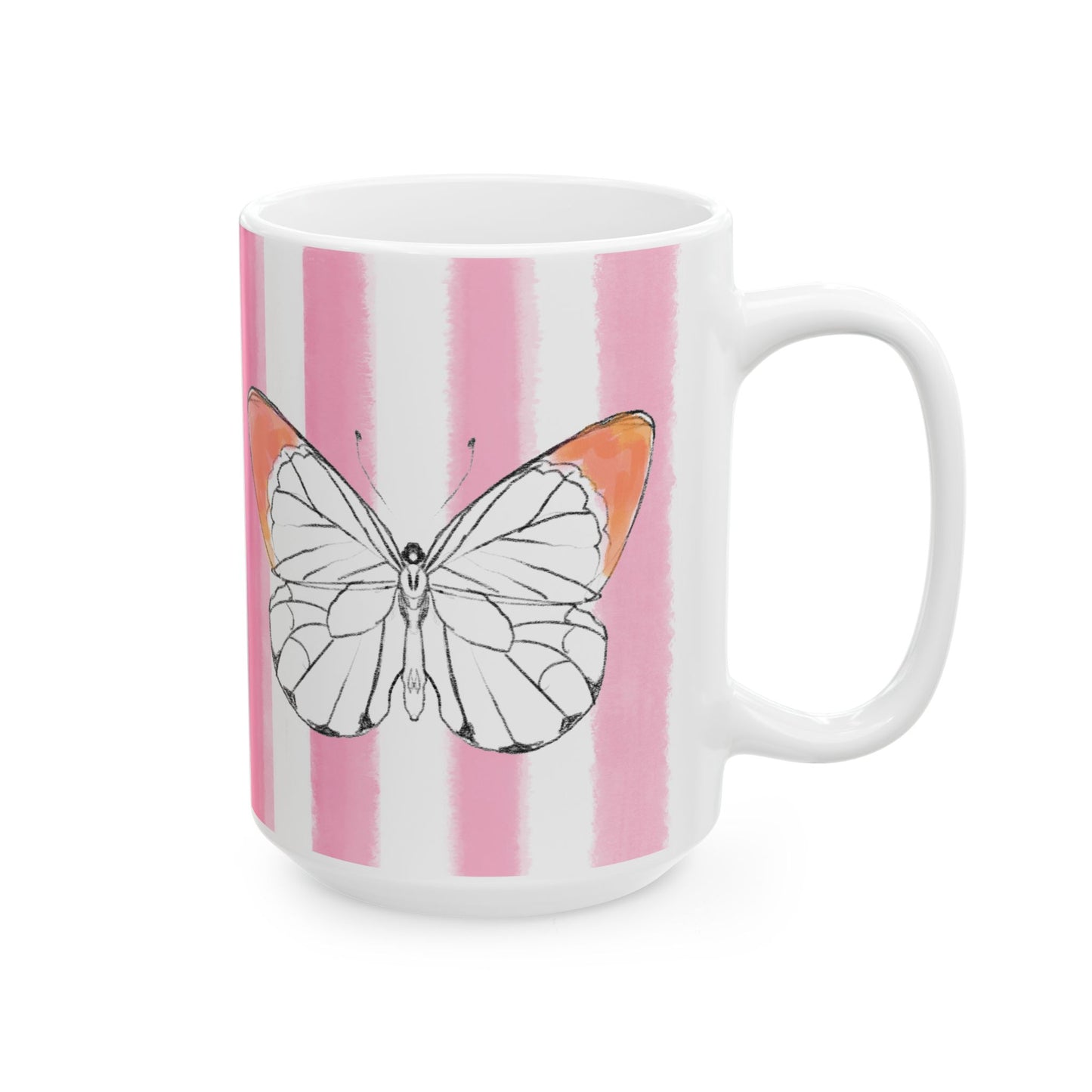 Butterfly Chroma Ceramic Mug in Orange with Pink Stripes, 11oz
