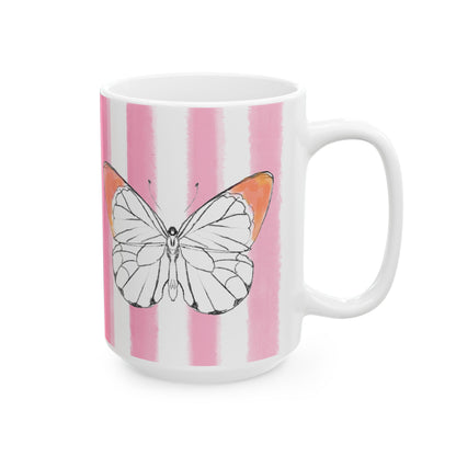 Butterfly Chroma Ceramic Mug in Orange with Pink Stripes, 11oz