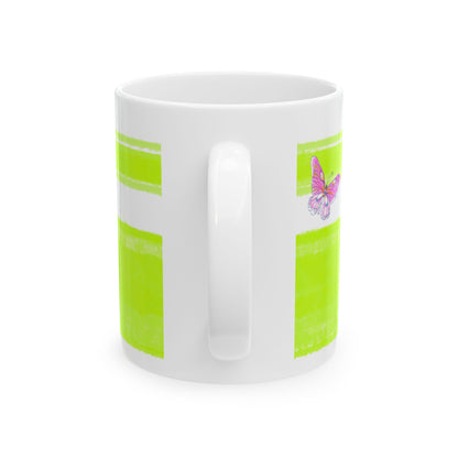 Mega Stripe Kitty Butterfly Flutter Ceramic Mug Lime