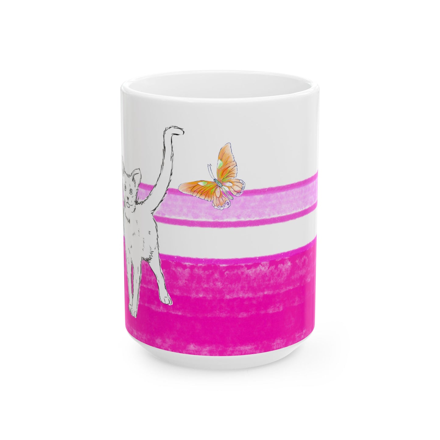 Mega Stripe Kitty Butterfly Flutter Ceramic Mug Raspberry Pink