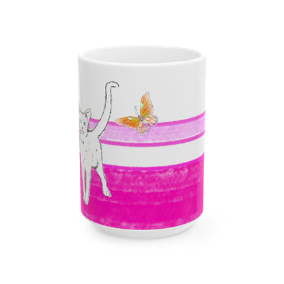 Mega Stripe Kitty Butterfly Flutter Ceramic Mug Raspberry Pink