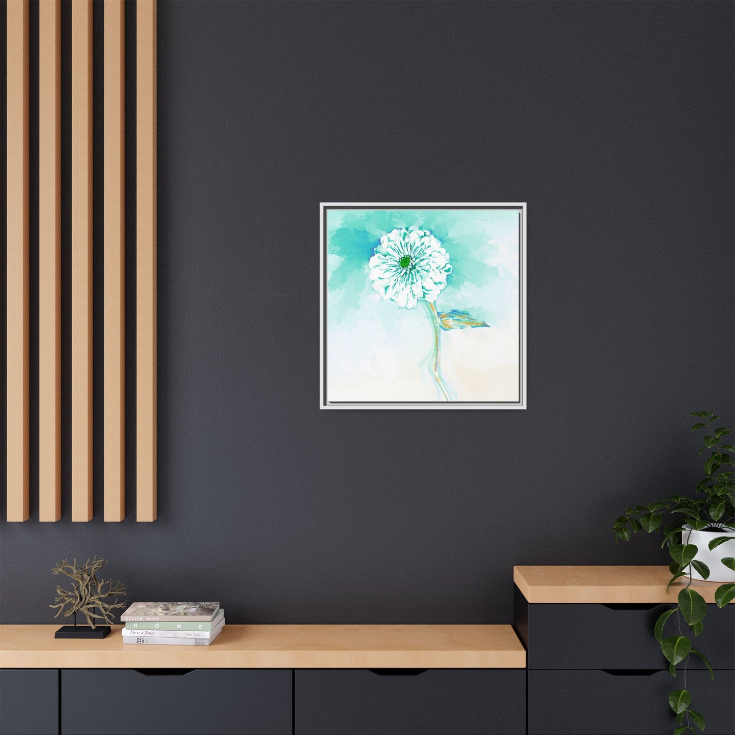 Zinnia Color Splash Matte Canvas Green Aqua Framed
