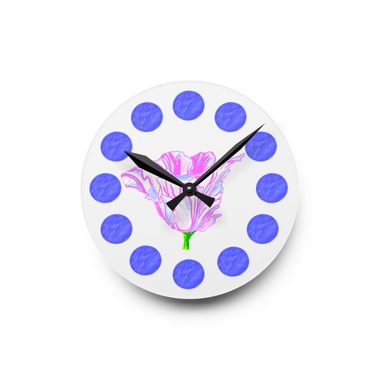 Tulip Love Acrylic Wall Clock, Blue dots Pink Tulip