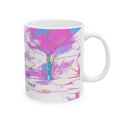 Inspirational Landscapes Ceramic Mug in Chartreuse and Orchid, "Sin will keep us from the Book; the Book will keep us from sin", 11oz,15oz.