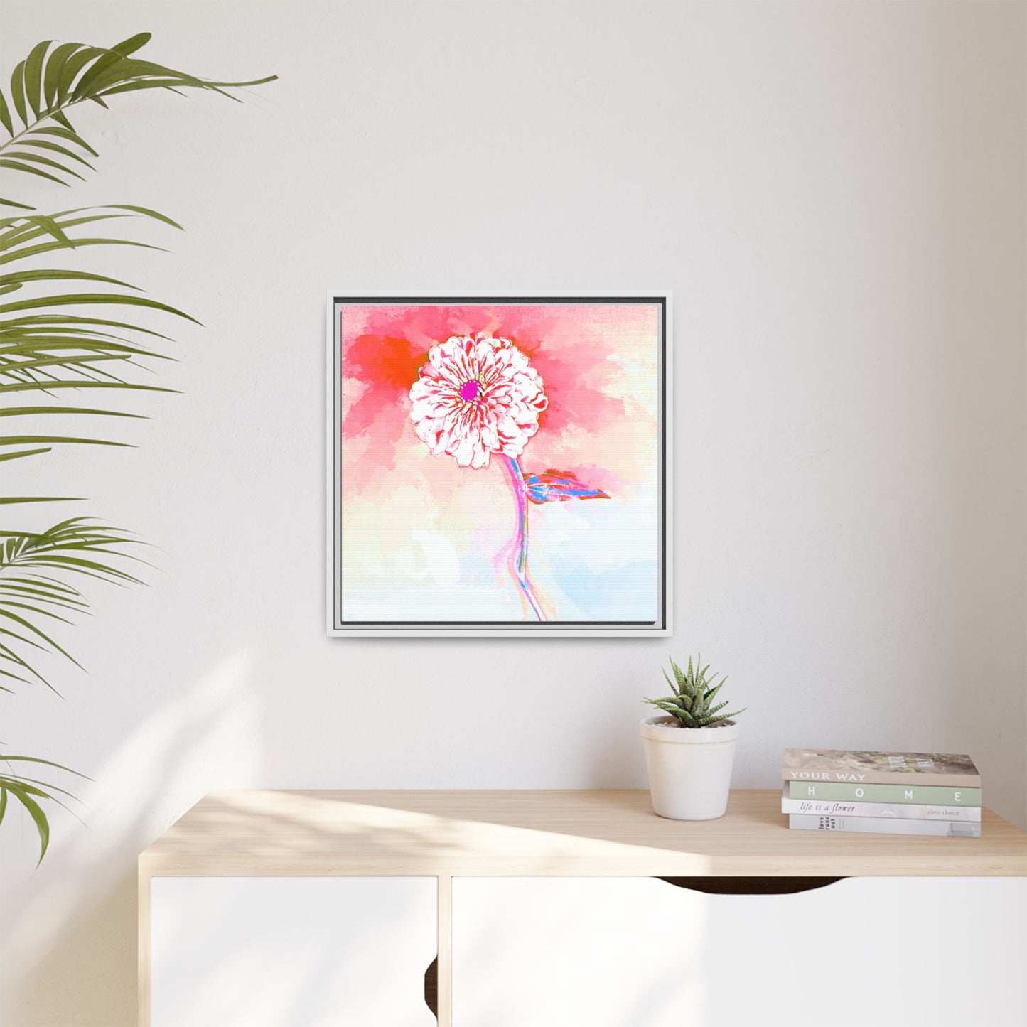 Zinnia Color Splash Matte Canvas Light Red Framed