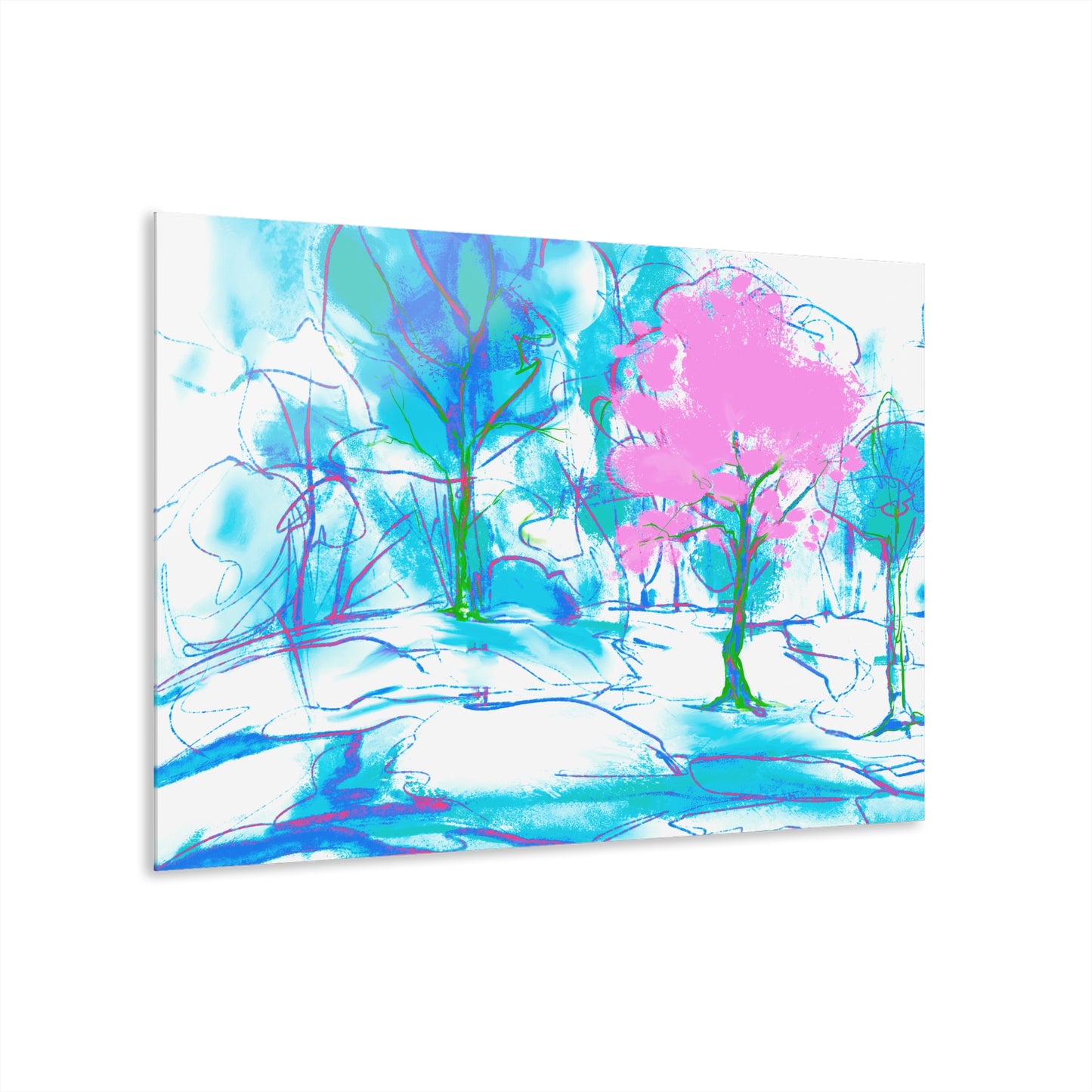 Joyful Landscapes Acrylic Print in Blue and Pink (French Cleat Hanging)