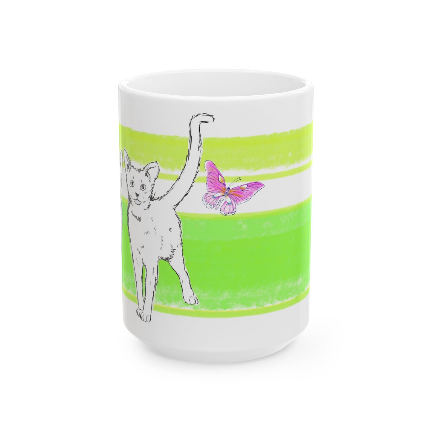 Mega Stripe Kitty Butterfly Flutter Ceramic Mug Yellow Green
