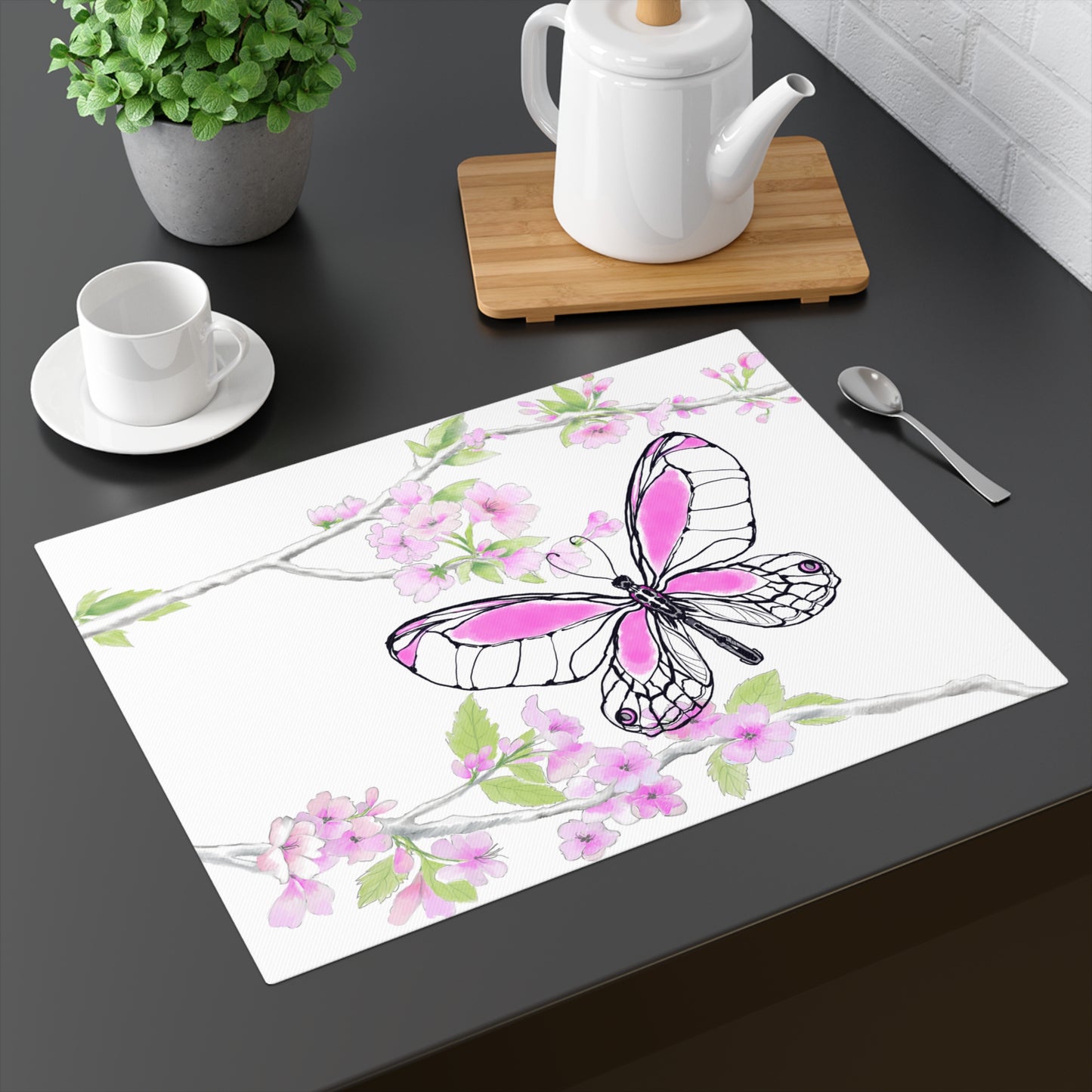 Butterfly Blossom Romp Cotton Twill Placemat, 1pc Raspberry #4 Right side of table