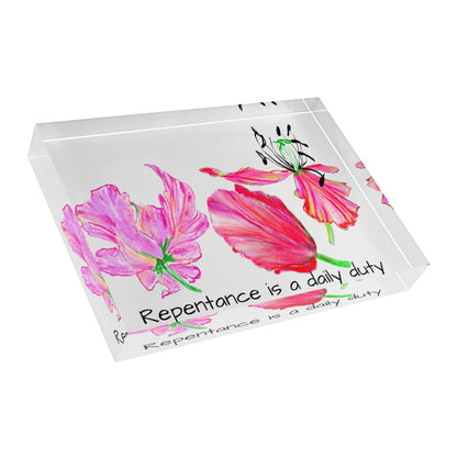 Art Decor Dancing Tulips Acrylic Art Block   3 Red-Pink Tulip  Repentance is a daily duty